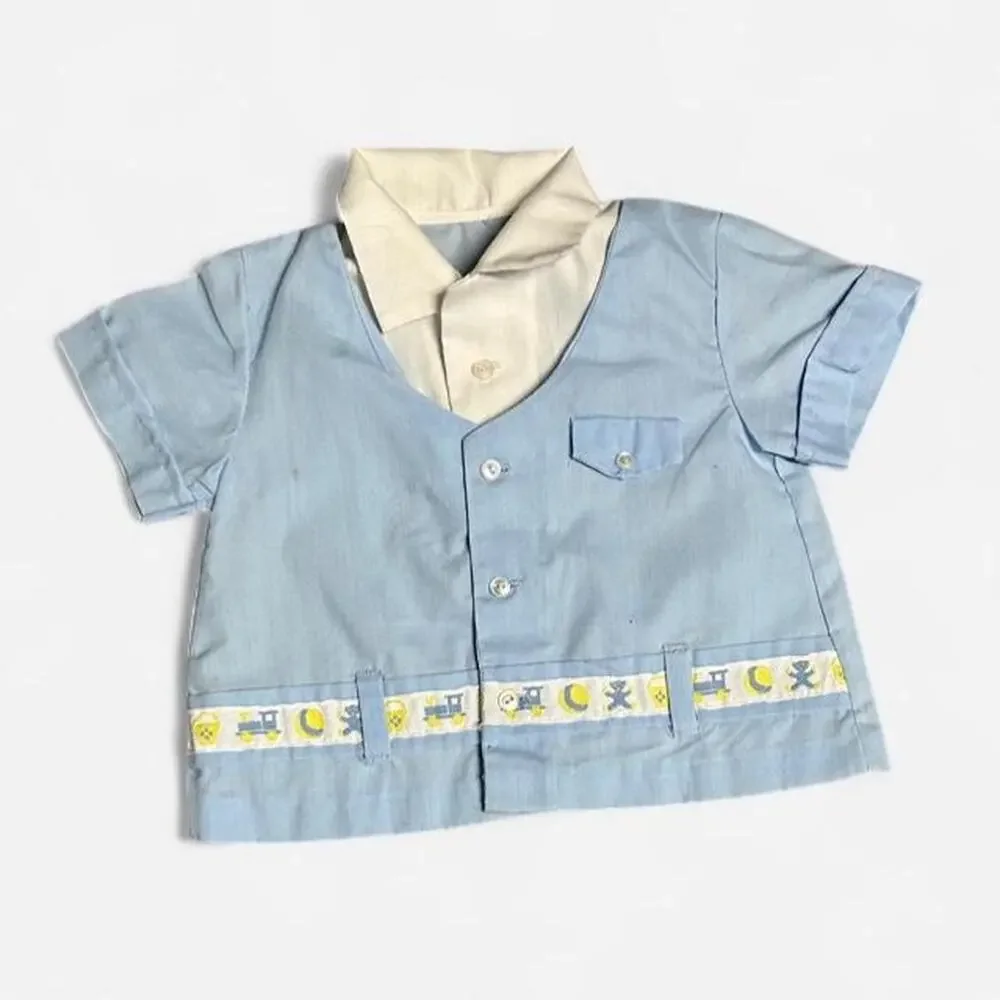 Vintage 70s 0-6 months baby boy outfit blue train button up shirt knit pants